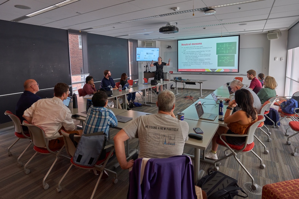Phoebe Hamilton giving an introduction to LHCb data taking in the UMD summer workshop